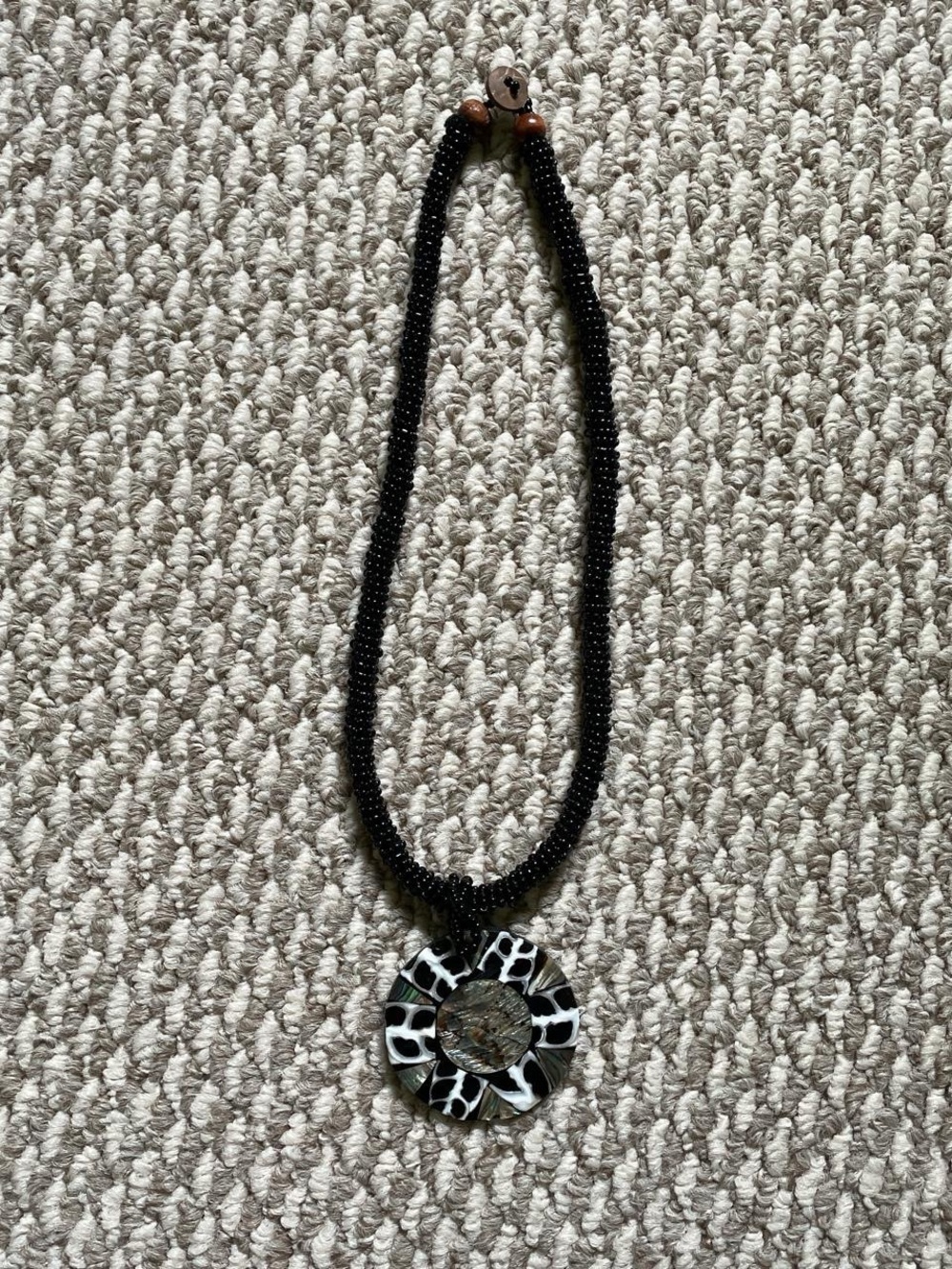 Black Beaded Necklace with Black & White Circular Pendant